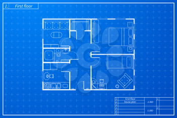 Architecture plan of house with furniture in blueprint sketch style