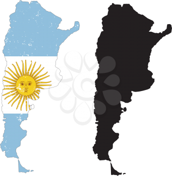 Argentina country black silhouette and with flag on background, isolated on white