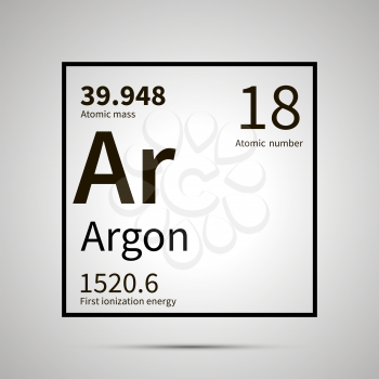 Argon chemical element with first ionization energy and atomic mass values ,simple black icon with shadow on gray