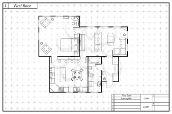 Black architecture plan of house in blueprint sketch style on white