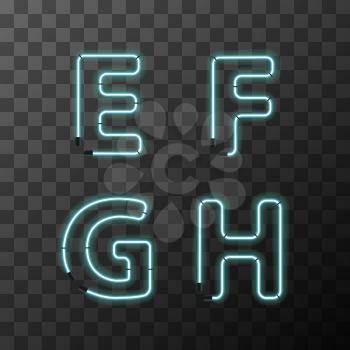Bright blue realistic neon letters, vintage E F G H latin letters on transparent background