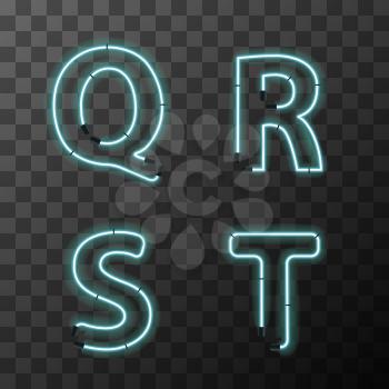 Bright blue realistic neon letters, vintage Q R S T latin letters on transparent background