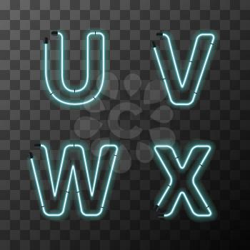 Bright blue realistic neon letters, vintage U V W X latin letters on transparent background