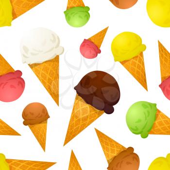 Bright colorful ice cream cones different tastes on white, seamless pattern
