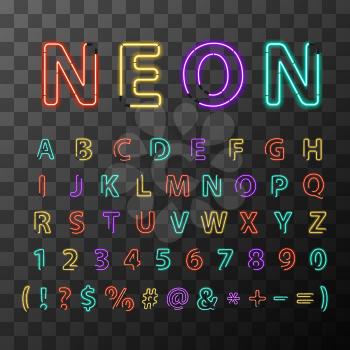 Bright colorful realistic neon letters, full latin alphabet on transparent background