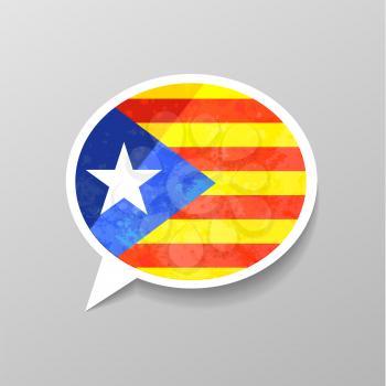 Bright glossy sticker in speech bubble shape with Catalonia flag, Catalan language concept on gray