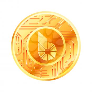 Bright golden coin with microchip pattern and BitShares sign. Cryptocurrency concept isolated on white