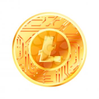 Bright golden coin with microchip pattern and Litecoin sign. Cryptocurrency concept isolated on white