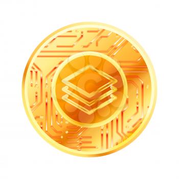 Bright golden coin with microchip pattern and Stratis sign. Cryptocurrency concept isolated on white