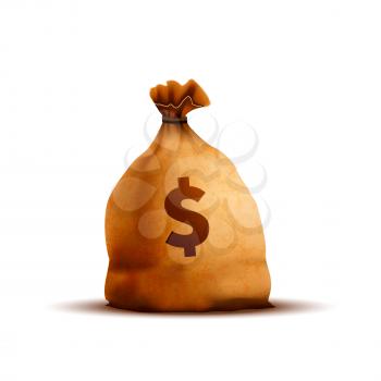 Bright old brown money bag with texture and dollar sign on white