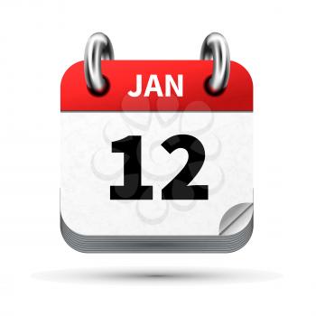 Bright realistic icon of calendar with 12 january date on white