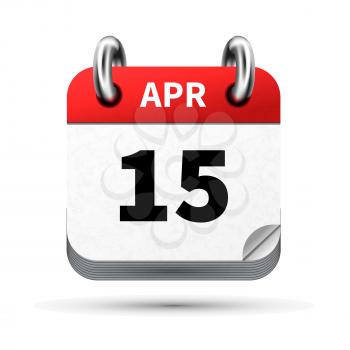 Bright realistic icon of calendar with 15 april date on white