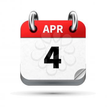 Bright realistic icon of calendar with 4 april date on white