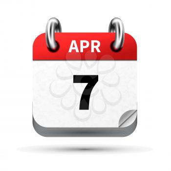 Bright realistic icon of calendar with 7 april date on white