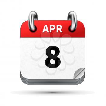 Bright realistic icon of calendar with 8 april date on white