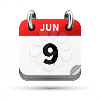 Bright realistic icon of calendar with 9 june date on white