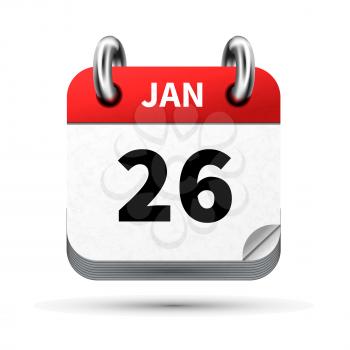 Bright realistic icon of calendar with 26 january date on white