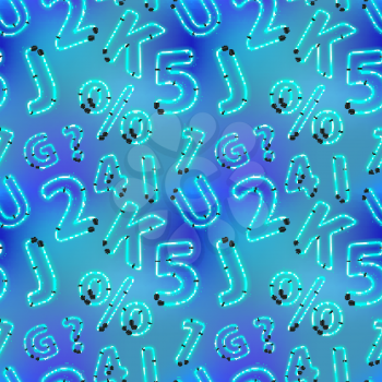 Bright realistic neon letters on blue abstract background, seamless pattern