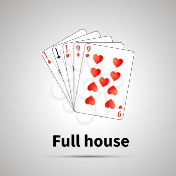Full house poker combination with shadow on gray
