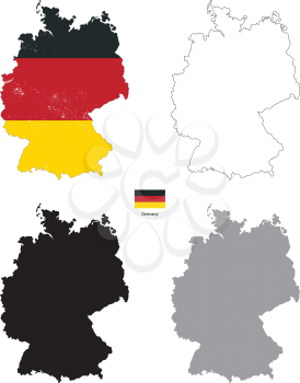 Germany country black silhouette and with flag on background, isolated on white