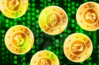 Glossy golden coins with bitcoin, ethereum and dashcoin signs on green matrix binary code, cryptocurrency concept illustration