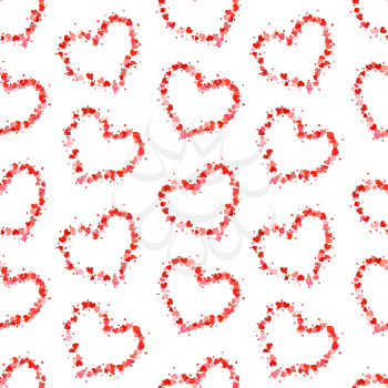 Hearts contours made up of little pink and red hearts on white, seamless pattern