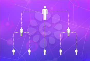 Hierarchy of company, infographic with simple person white icons on purple techno background