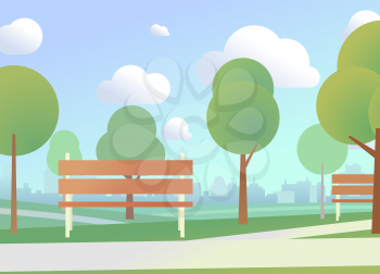Urban park with benches and city skyline on the background, bright concept illustration