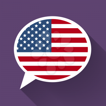 White speech bubble with American flag and long shadow on purple background. American english language conceptual illustration