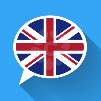 White speech bubble with Great Britain flag and long shadow on blue background. English language conceptual illustration.