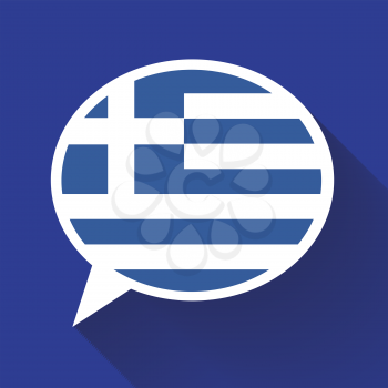 White speech bubble with Greece flag and long shadow on blue background. Greek language conceptual illustration