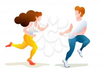 Young guy and pretty girl in running poses on white, textured flat concept illustration