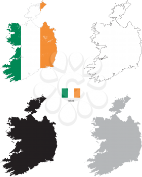 Ireland country black silhouette and with flag on background, isolated on white