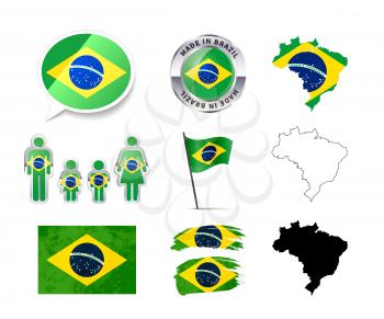Large set of Brazil infographics elements with flags, maps and badges isolated on white