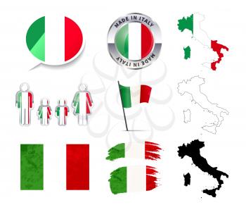 Large set of Italy infographics elements with flags, maps and badges isolated on white
