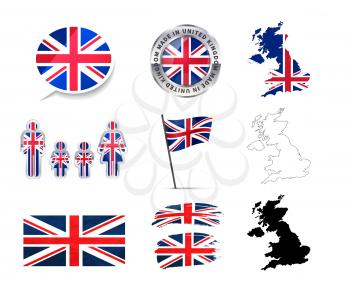 Large set of United Kingdom infographics elements with flags, maps and badges isolated on white