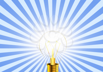 Lighting bulb idea icon on striped retro background, conceptual illustration