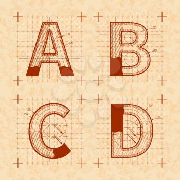 Medieval inventor sketches of A B C D letters. Retro style font on old yellow textured paper