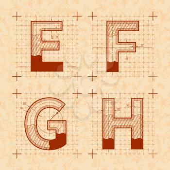 Medieval inventor sketches of E F G H letters. Retro style font on old yellow textured paper