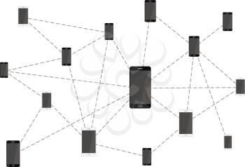 Mobile phones connected in network isolated on white