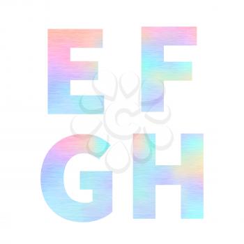 Modern E F G H letters with bright colorful holographic foil texture isolated on white