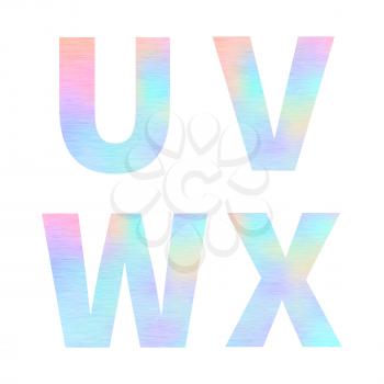 Modern U V W X letters with bright colorful holographic foil texture on white
