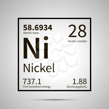 Nickel chemical element with first ionization energy, atomic mass and electronegativity values ,simple black icon with shadow on gray