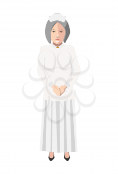 Old nurse in white medical robe, flat character isolated on white