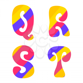 Psychedelic font with colorful pattern. Vintage hippie Q R S T latin letters on white background