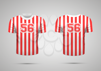 Realistic white sport t-shirt with red stripes and numbers from front and back