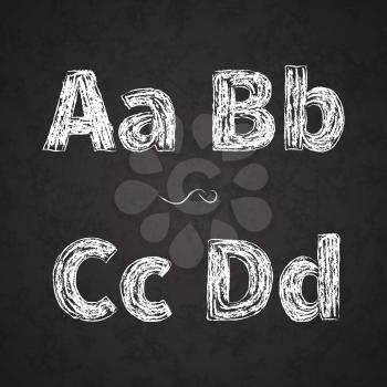 Retro hand drawn alphabet letters drawing with white chalk on black chalkboard A, B, C, D letters