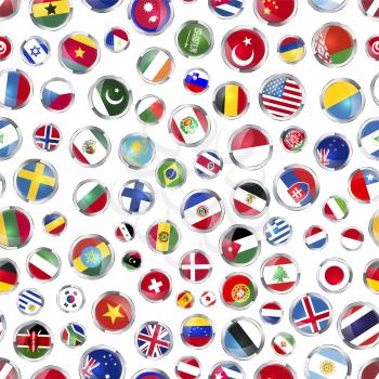 Round glossy icons of flags of world sovereign states on white, seamless pattern