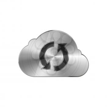 Round polished bright glossy metal cloud icon with synchronisation pictogram isolated on white