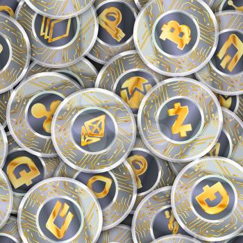 Seamless pattern with a lot of coins with microchip pattern and most popylar cryptocurrency signs like- Bitcoin, Ethereum, Ripple, Litecoin, Peercoin, NXT, Namecoin, BitShares, Stratis, Dash, Dogecoin and Zcash